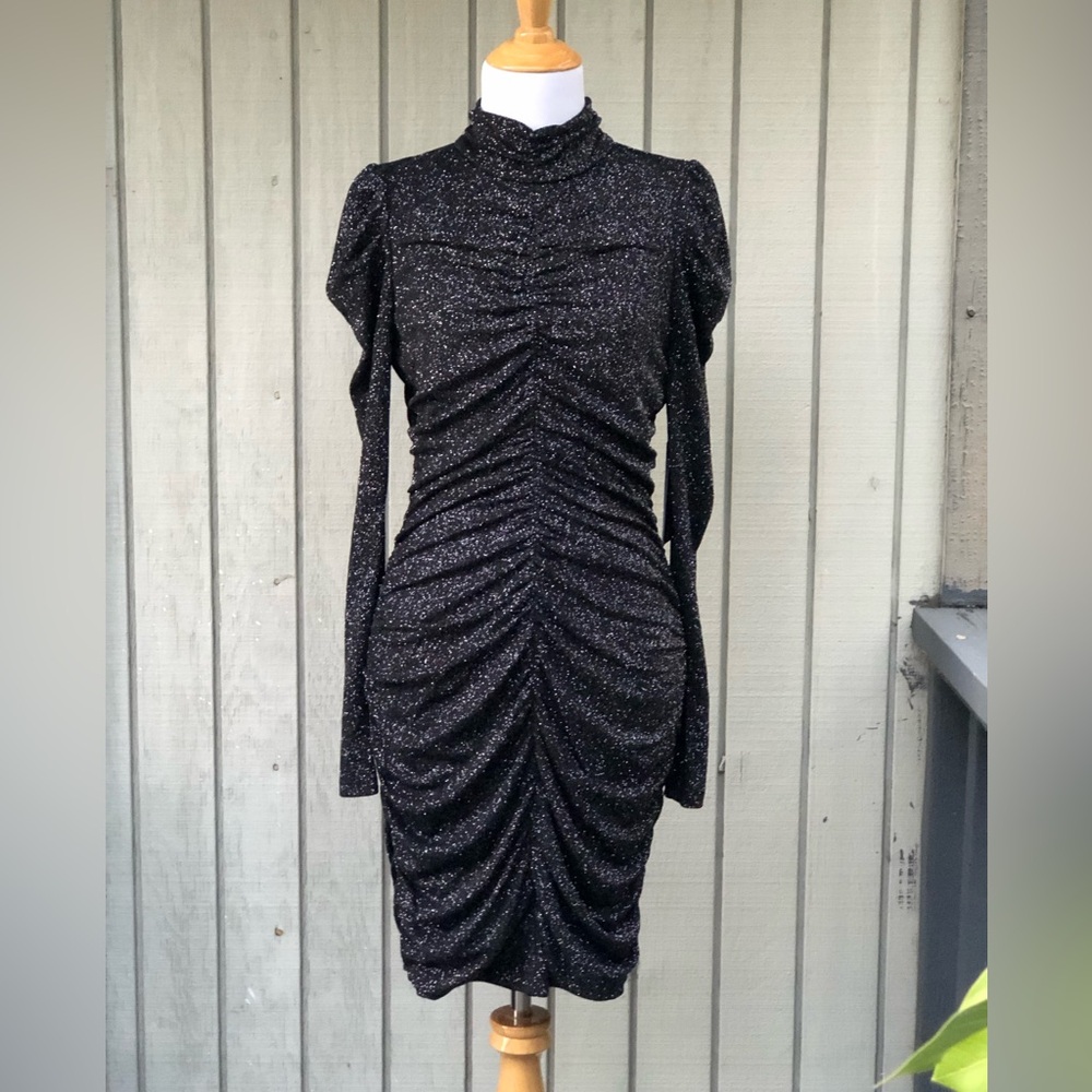 Karl Lagerfeld Metallic Silver Sparkle Ruched Draped Long Sleeves Black Dress 8